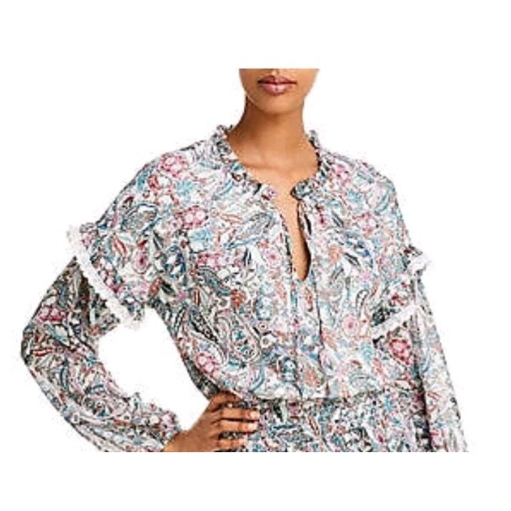 AQUA PAISLEY PRINTED‎ LACE TRIM TOP, RUFFLE ON SHEER SLEEVES SZ SMALL